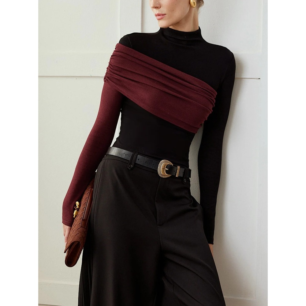 COMMENSE Black Burgundy Color Block Pleated Jersey Slim Long Sleeve Top Size S